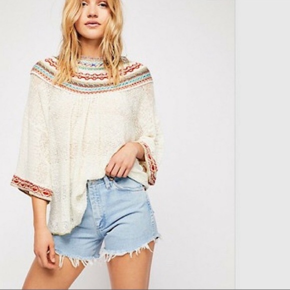 FREE PEOPLE Vacation Embroidered Sweater Knit Top Ivory Small 3/4 Sleeves - Picture 1 of 13